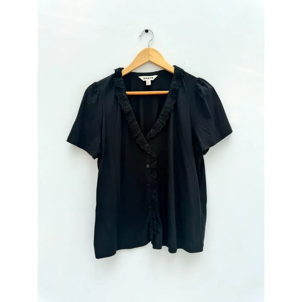 Boden Black Lace Trim Detail Top V-Neck Short Sleeve Size US 10 UK 14